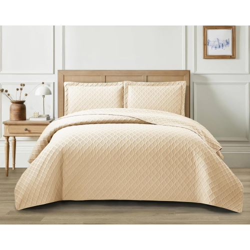 (Beige, Double/King) Diamond Quilted Bedspread Bed Throw Bedding Set