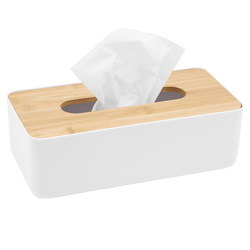 White Desktop Tissue Napkin Box Storage Holder Dispenser with Bamboo Lid