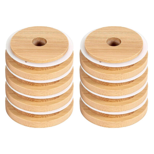 Coperchi riutilizzabili in bambù da 70 mm con foro, compatibili con barattoli a bocca larga.