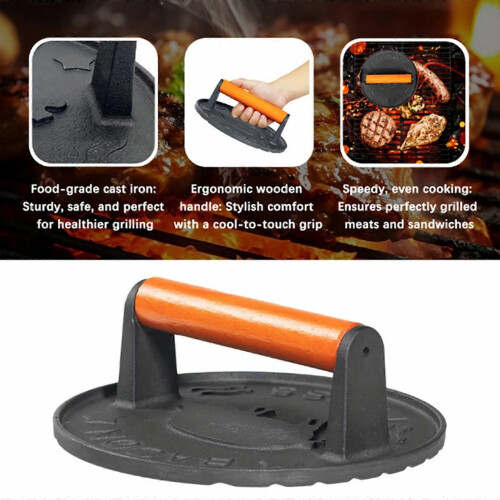 Pressa per hamburger professionale, pratica pressa per hamburger in ghisa con manico in legno resistente 1