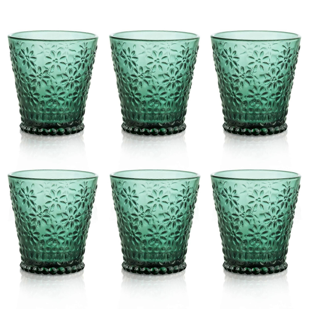 Drinking glasses colorful glass - set of green water glasses with daisy pattern - vintage stackable
