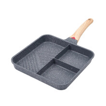 Poêle à griller divisée avec manche en bois, poêle à œufs pour la cuisson et le petit-déjeuner