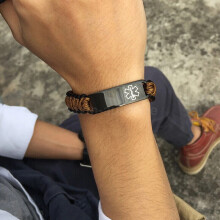 (Brown, Other Engraving(msg us or note)) Medical Alert ID Bracelet Handmade Adjust Braided Rope Laser Engraved Women Men