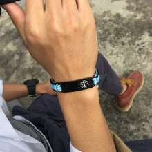 (Blue, ASTHMA) Medical Alert ID Bracelet Handmade Adjust Braided Rope Laser Engraved Women Men