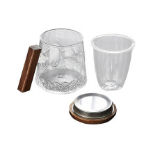 Glasses Cup with Wood Lid Tea Cup Office Use Clear 15.3X10.5X8.5cm 1Pc