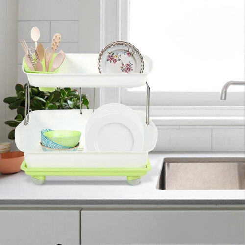 Double Tier Dish Drying Rack with Rotatable Drainer Tray (Green) 1