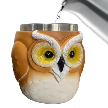 Taza de acero inoxidable con forma de búho, taza de café con forma de búho, artesanía de Harz, 11 x