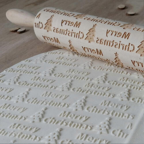 Kitchen Rolling Pin Bread Cookie Dough Roller with Christmas Letters Carving 1