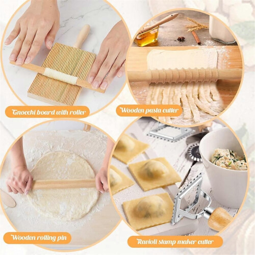 7 Pcs Pasta Making Tool, Wood Gnocchi Board with Ravioli Stamp 1