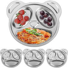 Lot de 4 assiettes divisées en acier inoxydable pour enfants, assiettes à dîner incassables à 3 compartiments,