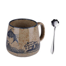 Mug ceramic milk cup with lid and spoon, cappuccino cup coarse pottery 400ml, Japanese mug hand-painted