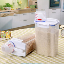 Cubo de arroz portátil de 2 kg, transparente, con taza medidora para harina, arroz, nueces y frijoles.