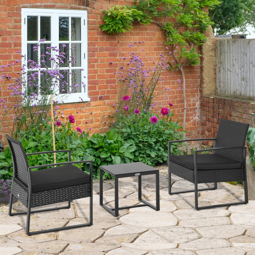 Outsunny 3 Pieces Rattan Patio Bistro Set 2 Chairs Coffee Side Table Set, Black