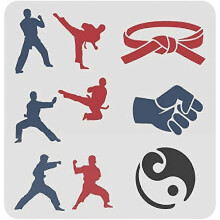 Kamppailulajien stensiilit 11,8 x 11,8 tuuman karate stensiilit muoviset Tai Chi -kaavion nyrkkivyökuvioiset