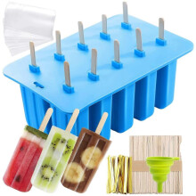 10 wiederverwendbare DIY-Eisformen-Set mit 50 Einwegbeuteln, 50 Holzstäbchen, 1 Trichter und 100 % Lebensmittel