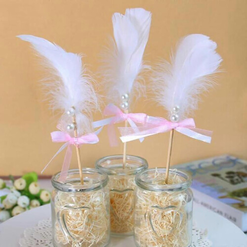 5 palitos para decorar tartas con plumas, color blanco. 1