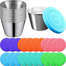 Paquete de 20 vasos para salsa con tapa, vasos para salsa de acero inoxidable de 2,5 pulgadas, recipientes