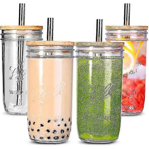 Bubble Tea-Becher, 4er-Pack, 24 oz, wiederverwendbare Smoothie-Becher mit breiter Mason-Öffnung, Eiskaffee-Becher