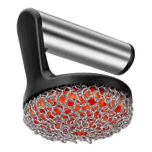 Cast Iron Scrubber with Handle, Stainless Steel Chainmail Cleaner for Pans and Skillets - Cast Iron