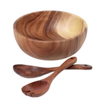 Lot de 3 saladiers en bois sans bavures, faciles à nettoyer, avec cuillère, fourchette et couverts,