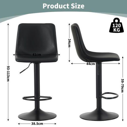MCC Set of 2 Height Adjustable Kitchen BarStool with Footrest Stefan BLACK