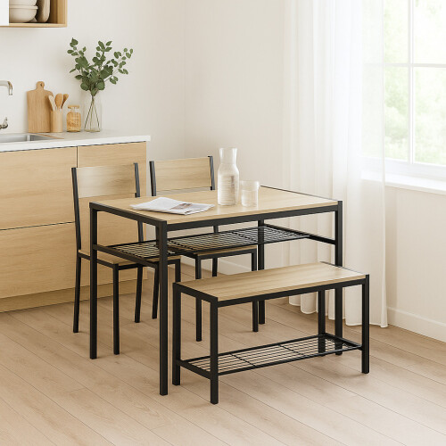 URBN Living (Oak) 4-Piece Wooden Dining Set with Metal Frame Table, 2 Chairs & Bench