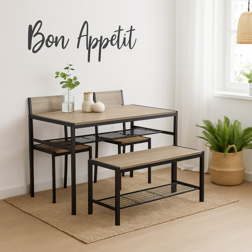 URBN Living (Oak) 4-Piece Wooden Dining Set with Metal Frame Table, 2 Chairs & Bench 2