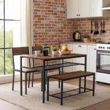 (Rustic Brown) 4-Piece Wooden Dining Set with Metal Frame Table, 2 Chairs & Bench