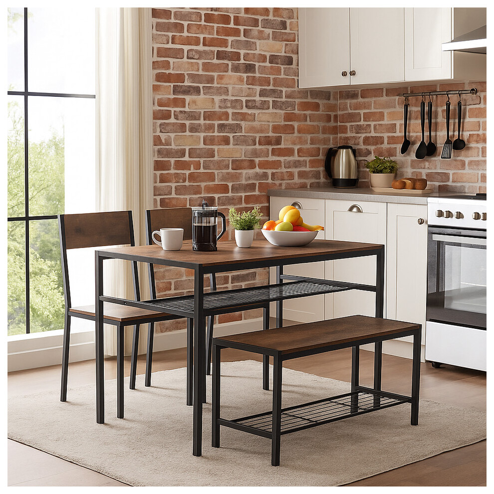 Urbn Living (Rustic Brown) 4-Piece Wooden Dining Set With Metal Frame Table, 2 Chairs & Bench