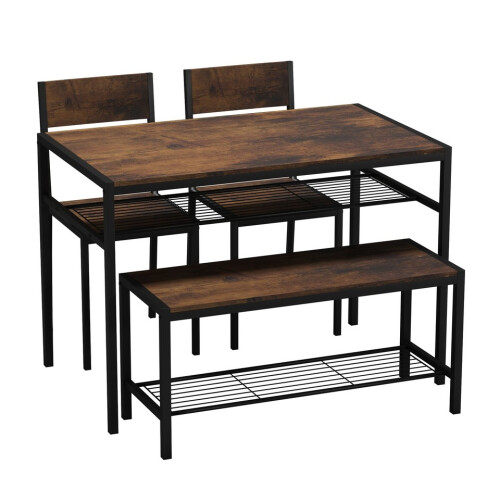 URBN Living (Rustic Brown) 4-Piece Wooden Dining Set with Metal Frame Table, 2 Chairs & Bench 2