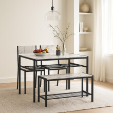 (White Marble) 4-Piece Wooden Dining Set with Metal Frame Table, 2 Chairs & Bench