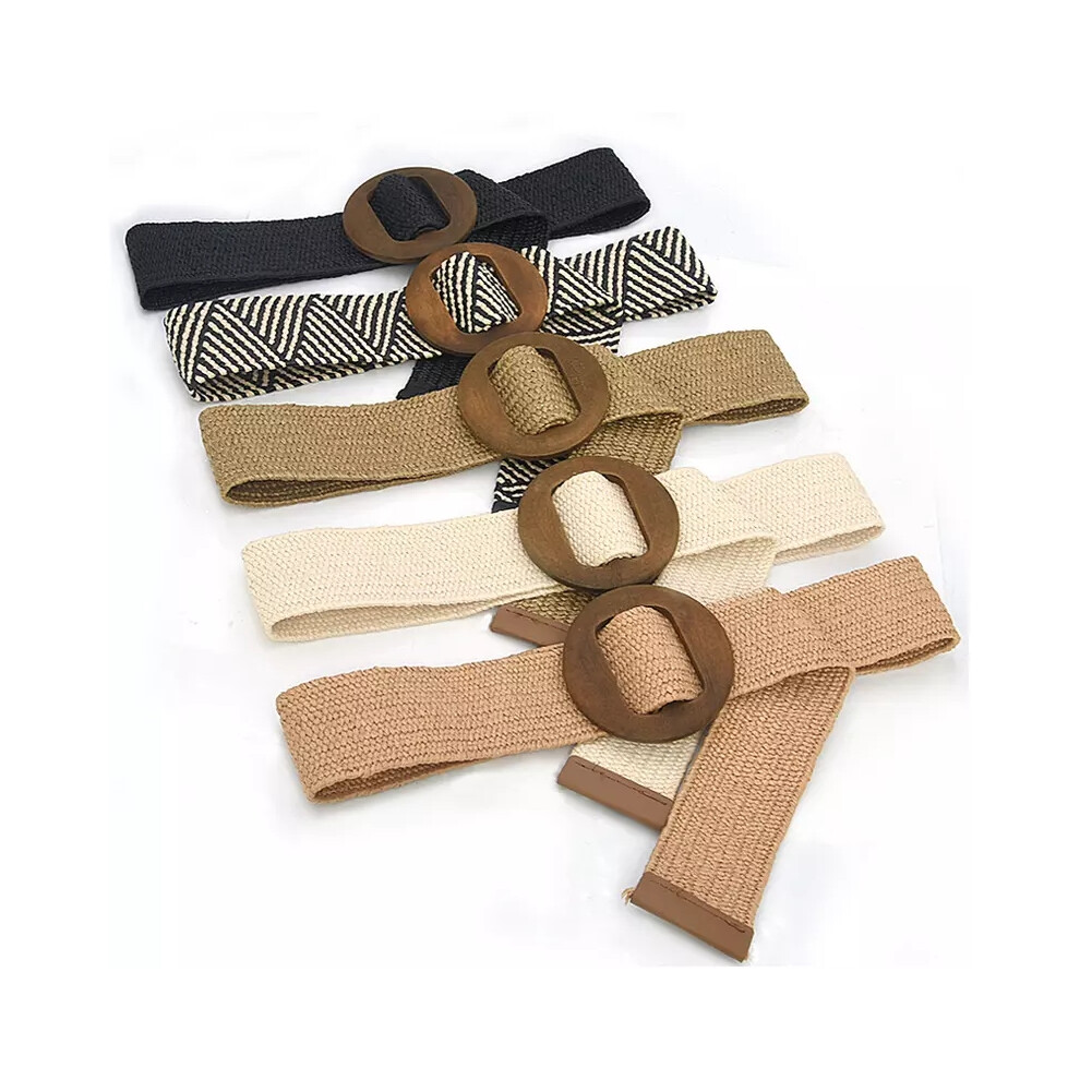 (White, Flat Buckle) Women Casual Round/Square Buckle Straw Waistband Elastic Braided Wide Woven Belt Hot-image-OPC-PHRZQWD-NEW