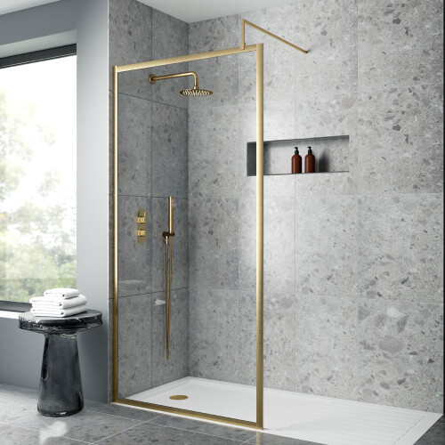 900mm Full Outer Frame Wetroom Screen - Brushed Brass - V-WETFRBB1817