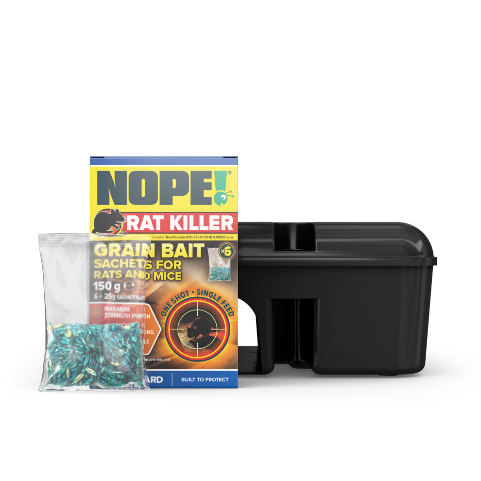 Nope! Grain Rat & Mouse Killer Bait 6 X 25G & Rat Bait Box With Key, Super Strength Rat Poisoning Sachets & Lockable Tamper-Resistant Bait Box