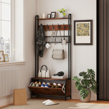 (Brown) HOMCOM Industrial Hall Tree Coat Rack Stand with Shoe Cabinet