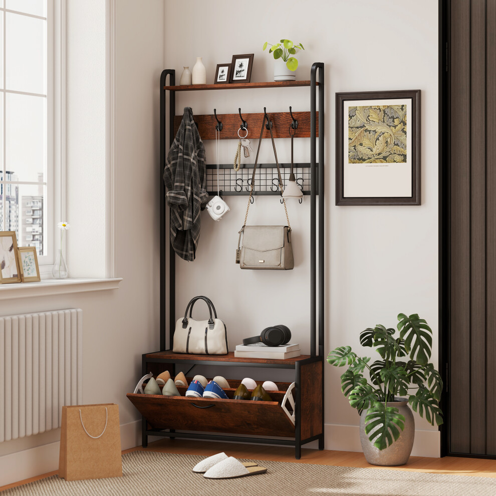 (Brown) HOMCOM Industrial Hall Tree Coat Rack Stand with Shoe Cabinet