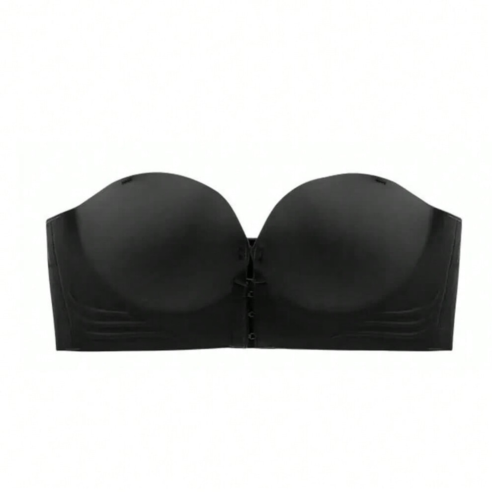 (Black-L) Invisible Push Up Bra Front Buckle Women Underwear Lingerie Strapless Seamless Non-slip Women's Bra without Shoulder Strap