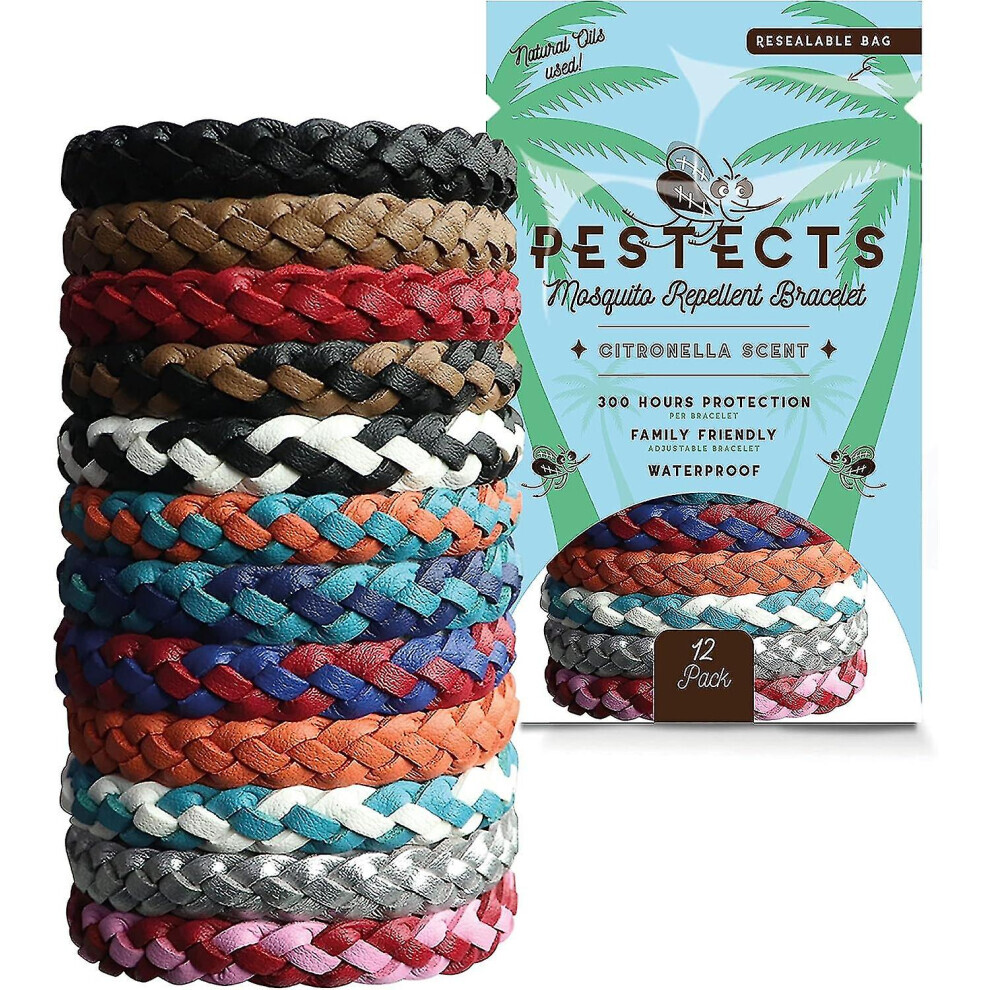 Pestects Mosquito Repellent Bracelet 12 Pack  Adjustable Leather Deet-free Natural Insect Mosquito Bands For Adults