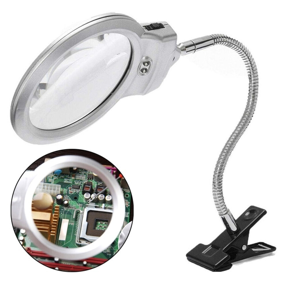 Light Clamp Magnifying Glass 2X And 6X Dual Lens Flexible Hose 2 Leds Clip On Magnifier With