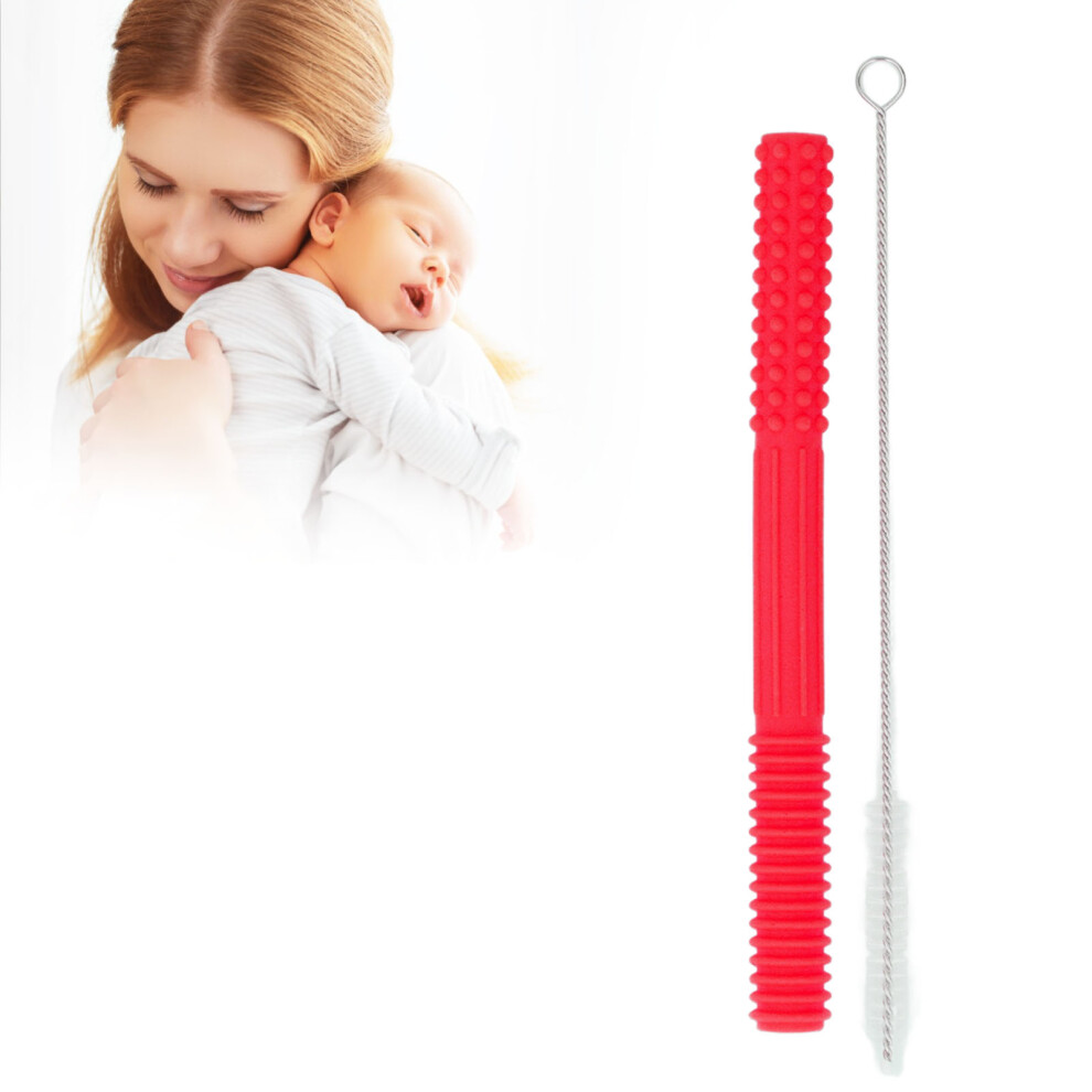 Baby Safe Hollow Teething Tube Toddlers Infant Soft Silicone Chew Teething Toy With Cleaning Brush Red