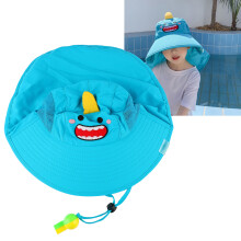 Summer Kids Sun Protection Hat Shawl Cartoon Printed Sun Hat with Whistle Lake Blue