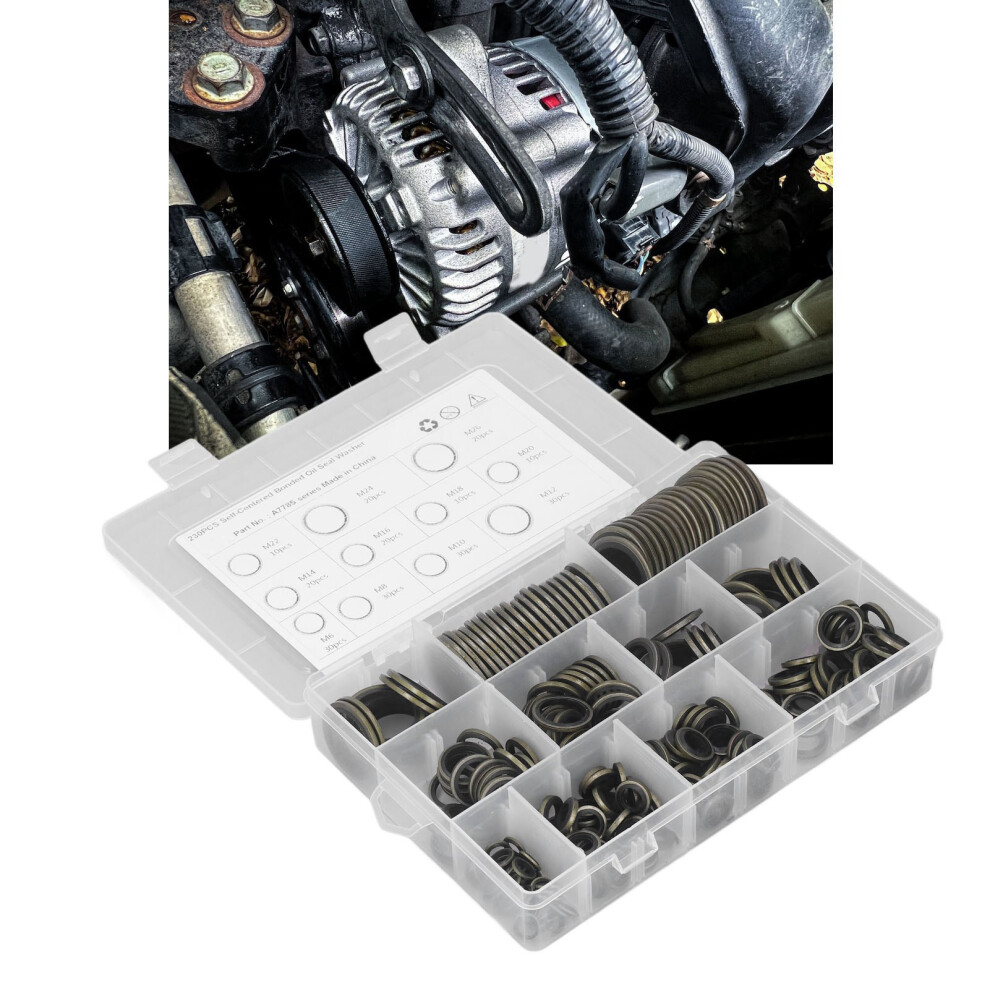 230 Pcs Oil Seal Washer Assortment Kit M6 To M26 Self Centered Metal Rubber Oil Drain Plug Gasket 8421317674845