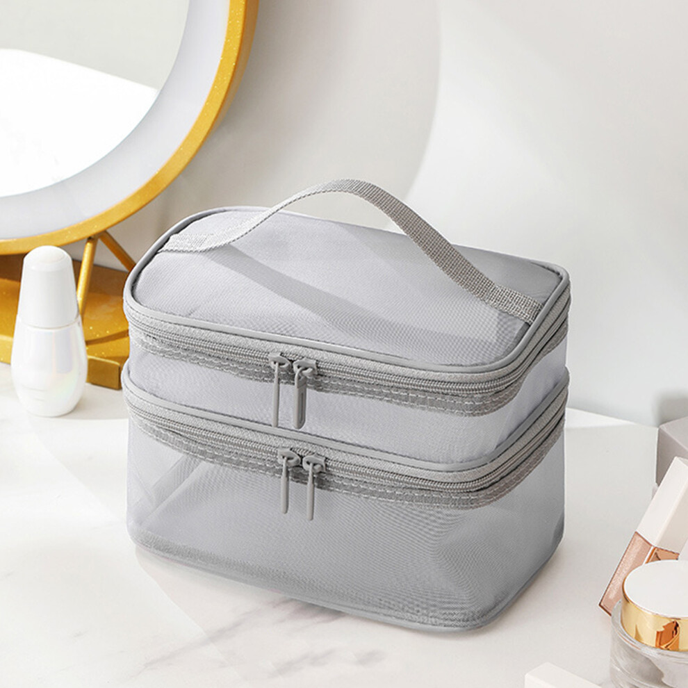 Double Layer Cosmetic Bag Easy Classification Large Capacity Mesh Cosmetic Bag with Sturdy Handle for Travel Grey Double Layer