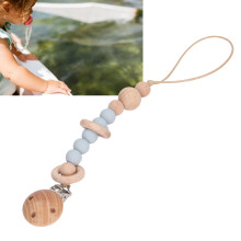 Baby Silikon Schnullerketten Stoßfest Sicher Grau-Blau 34cm Buchenholz
