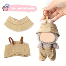 (Two Piece Set) 2pcs doll clothing sets, including a khaki hat and khaki bib pants. These fit 15.01-16.99 cm cute chibi dolls (doll not included)