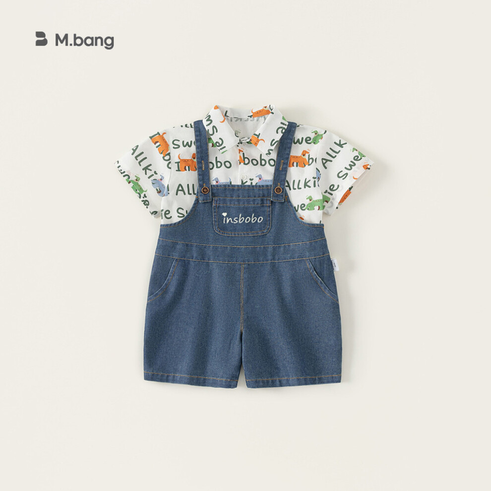 (140cm)Ensemble deux pièces enfant avec chemise manches courtes imprimée lettre et salopette cowboy