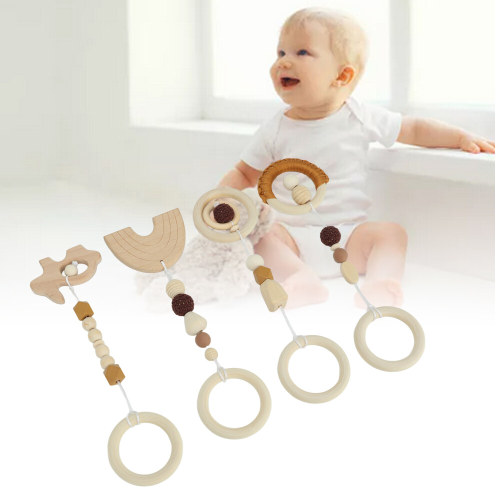 4pcs Stroller Pendant Toys Baby Play Gym Wooden Hanging Toys for Toddlers Infants Brown