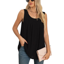 Damen Chiffon Tanktop Schwarz XXL Rundhalsausschnitt Plissee Lockerer Schnitt Sommer