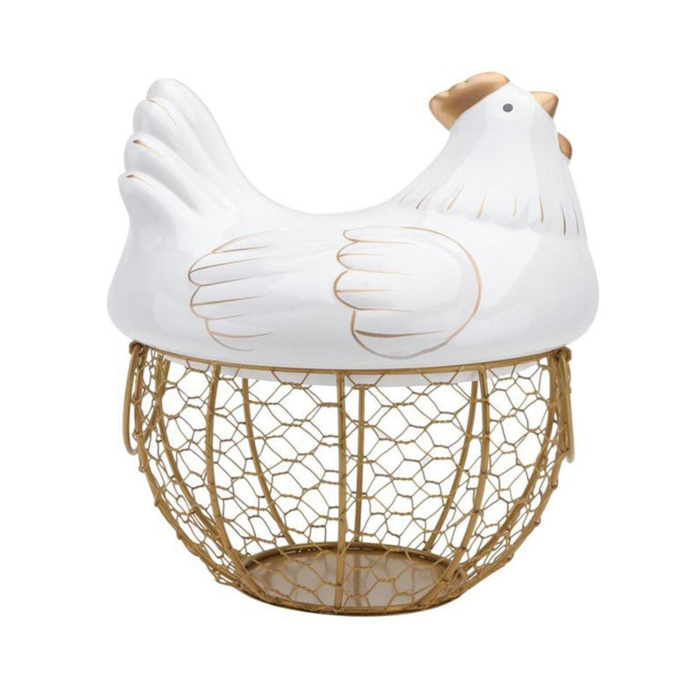 Jehiatek Ceramic Iron Chicken Egg Basket Holder Snack Fruit Sundries Storage Box Hen Ornaments Container Organizer Rack-A