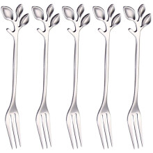 Stainless Steel Fork, Leaf-Shaped Handle Dessert Fork Fruit Salad Meat Kitchen Accessories. Silver 5 Items